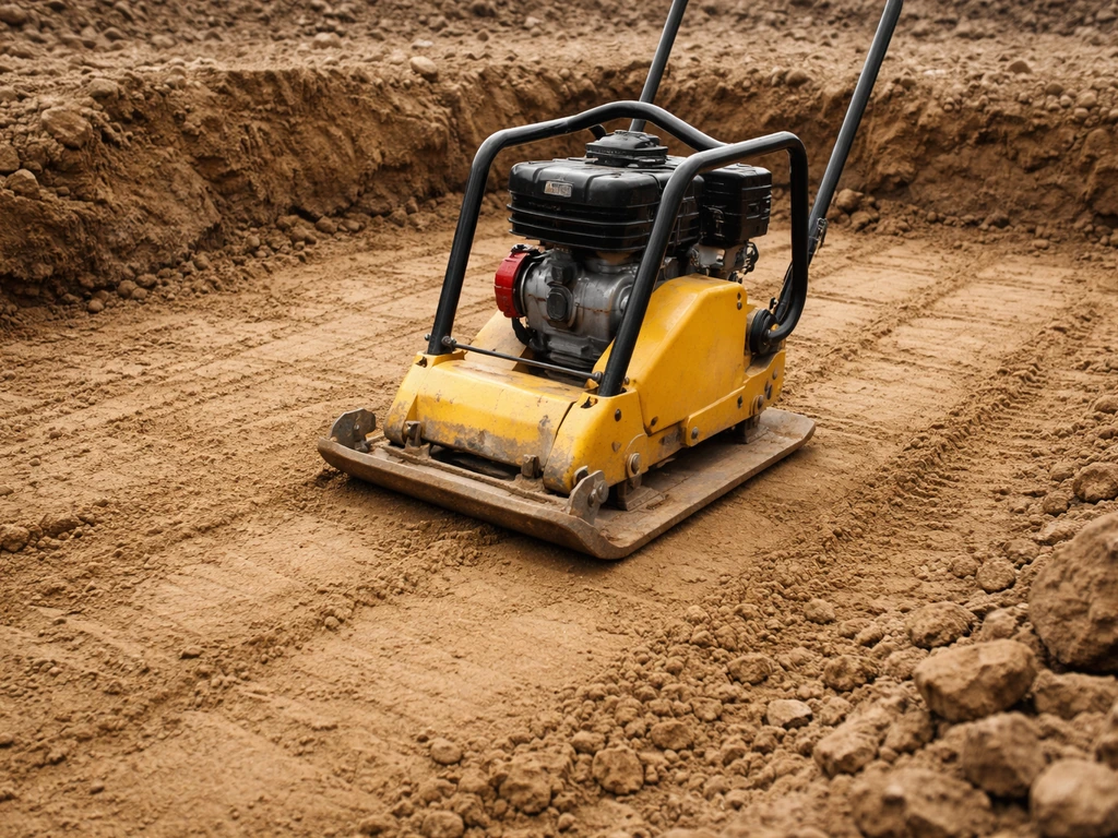 Plate compactor compacting excavated native soil with visible overlapping passes