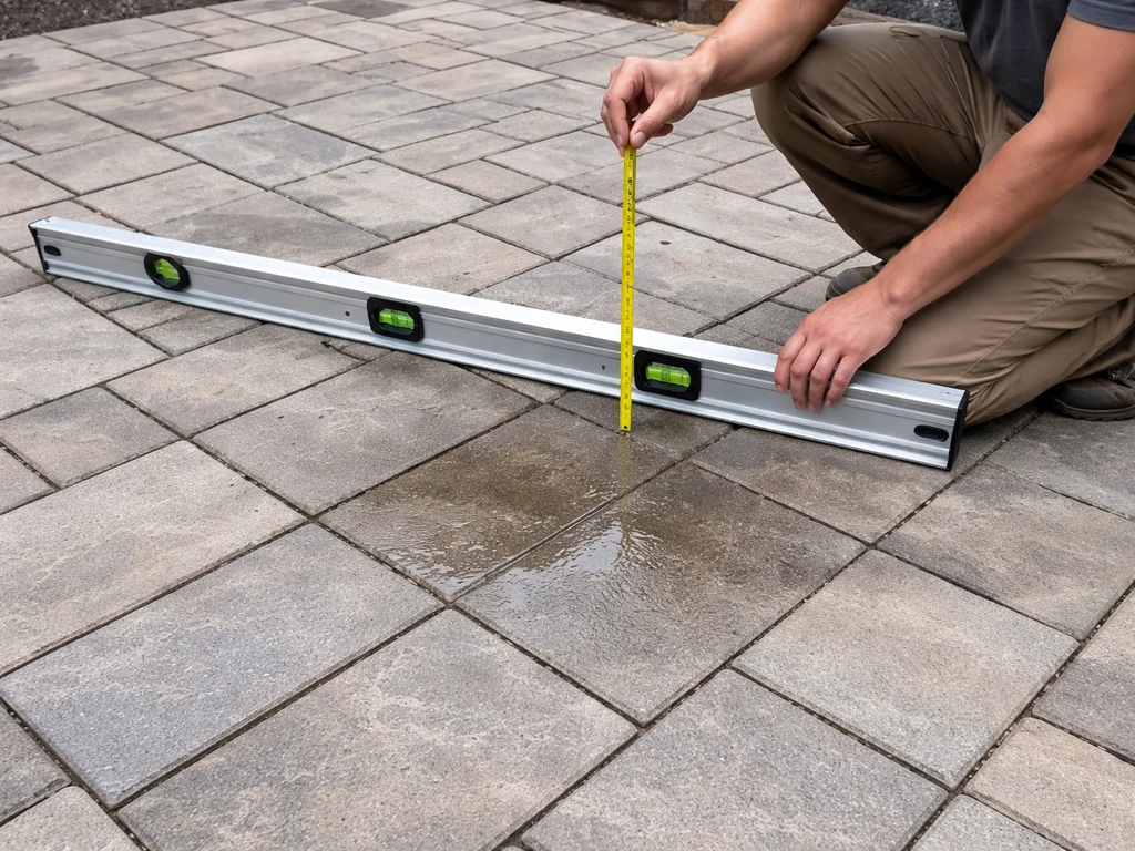 Person measuring patio slope with a long level and tape to check water pooling