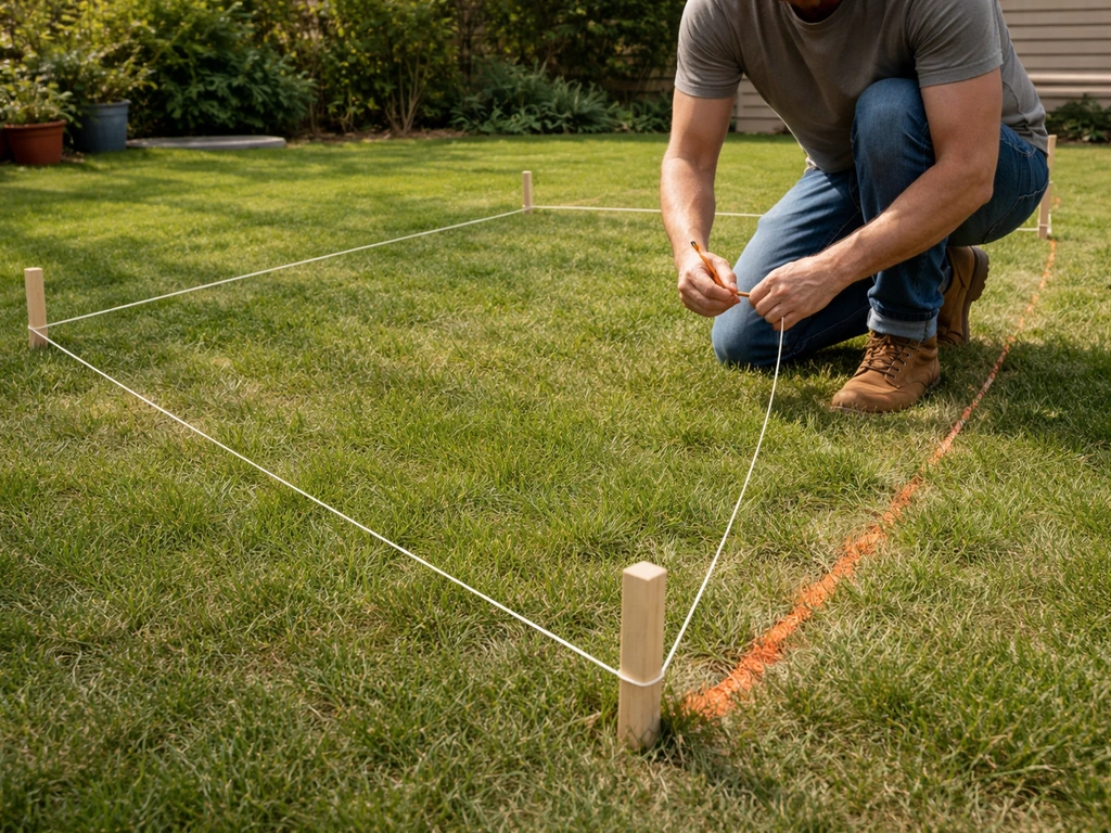 DIY homeowner in a yard marking a patio footprint with stakes and string in natural daylight