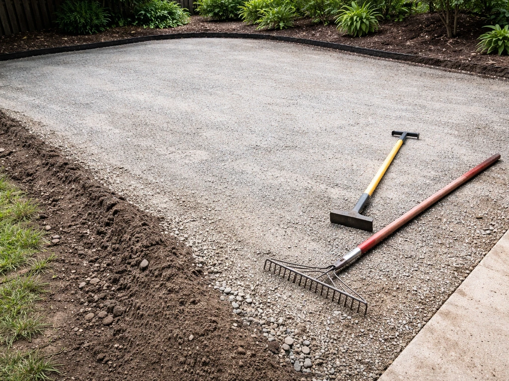 Excavated patio base with visible slope, compacted gravel, and prepared drainage grade path