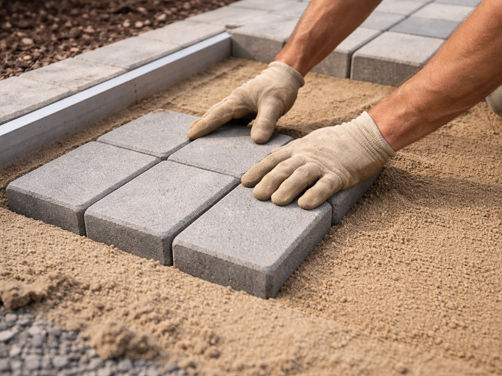 Hand placing a rectangular paver into screeded sand along a straight edge near a corner