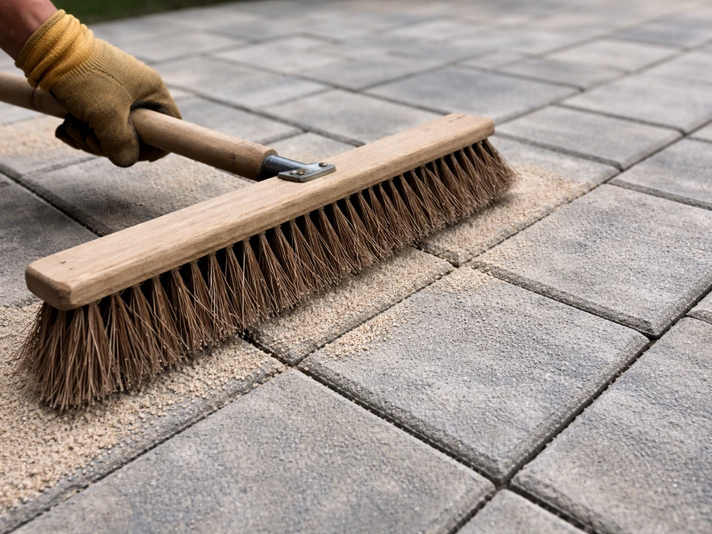Worker sweeping polymeric sand into paver joints after compaction, close view of filled gaps
