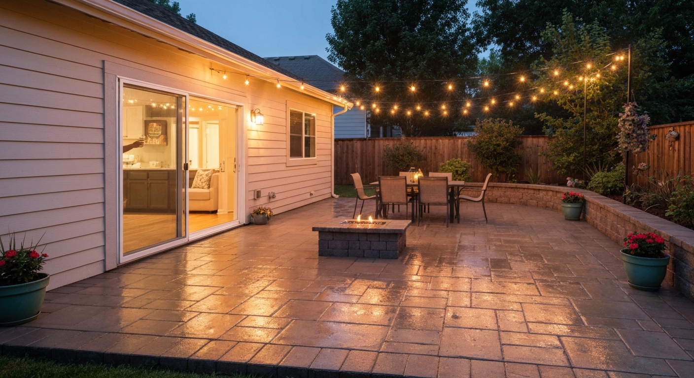 Twilight photo of a finished 16x16 ft paver patio next to a house with string lights, dining table, potted plants, and a low fire table; surface slopes away from the house.