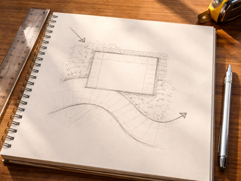 Top-down view of a simple patio sketch on paper with arrows for sun and shade and a walkway path.