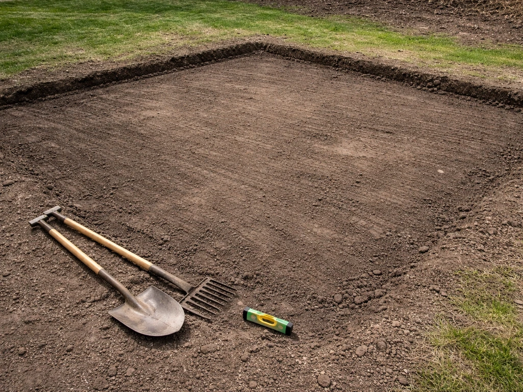 Excavated patio footprint with sod removed and simple tools staged for next steps.