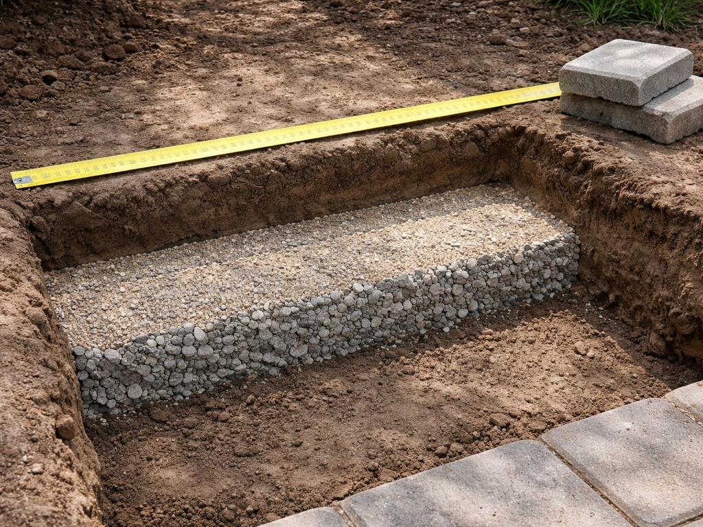 Minimal excavation trench showing layered base for a residential paver patio with a tape measure at the edge.