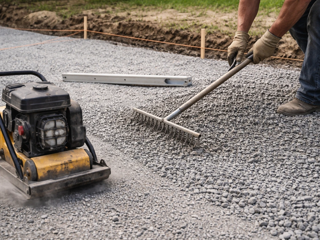 Worker raking crushed gravel beside string lines, compacting with a plate compactor; level-checking surface.