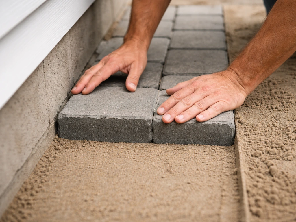 Hands laying the first row of patio pavers along a straight edge next to a house wall, joints aligned.