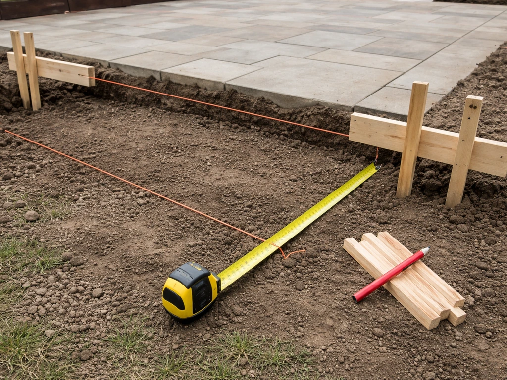Batterboards and taut mason’s line mark a rectangular patio extension footprint beside an existing patio.