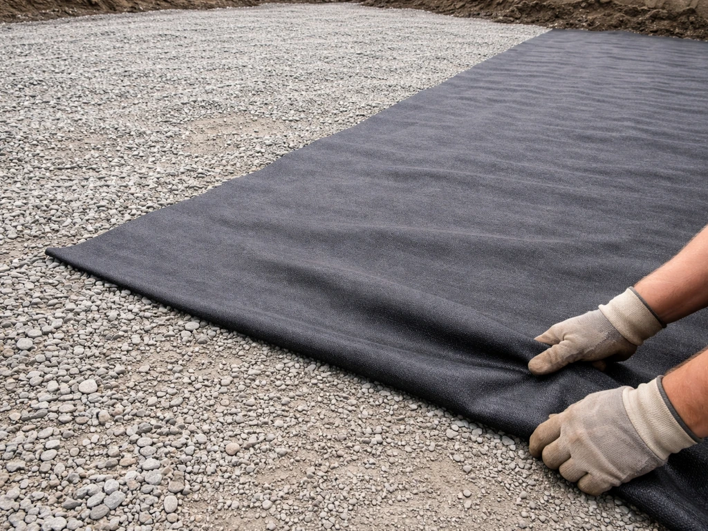 Worker laying geotextile over a leveled compacted crushed-stone base in an excavated area
