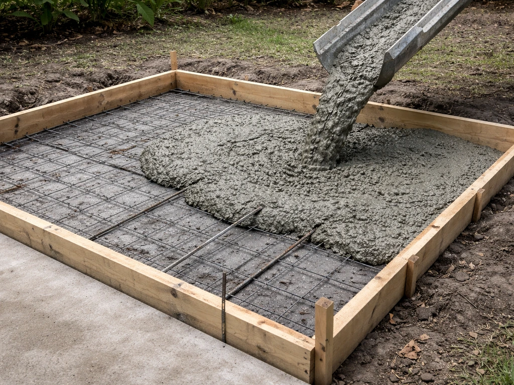 Concrete slab extension being poured with wooden forms set to height and rebar mesh visible inside.