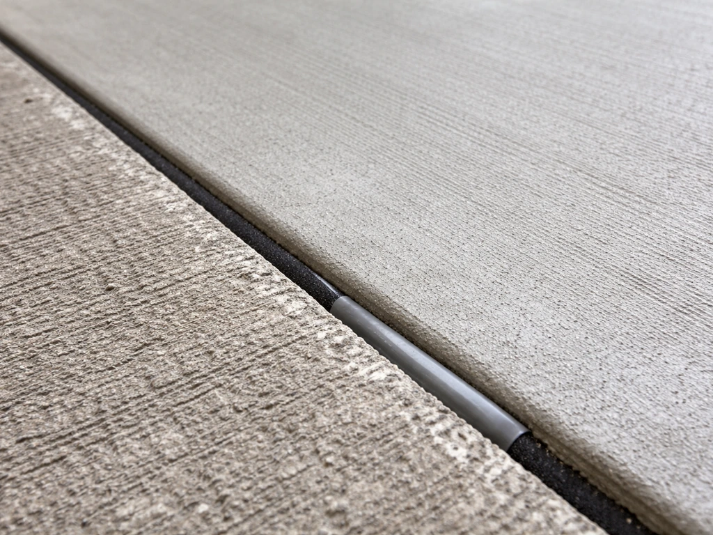 Close-up of a concrete-to-concrete patio joint with sealant and isolation strip to prevent gaps and cracking