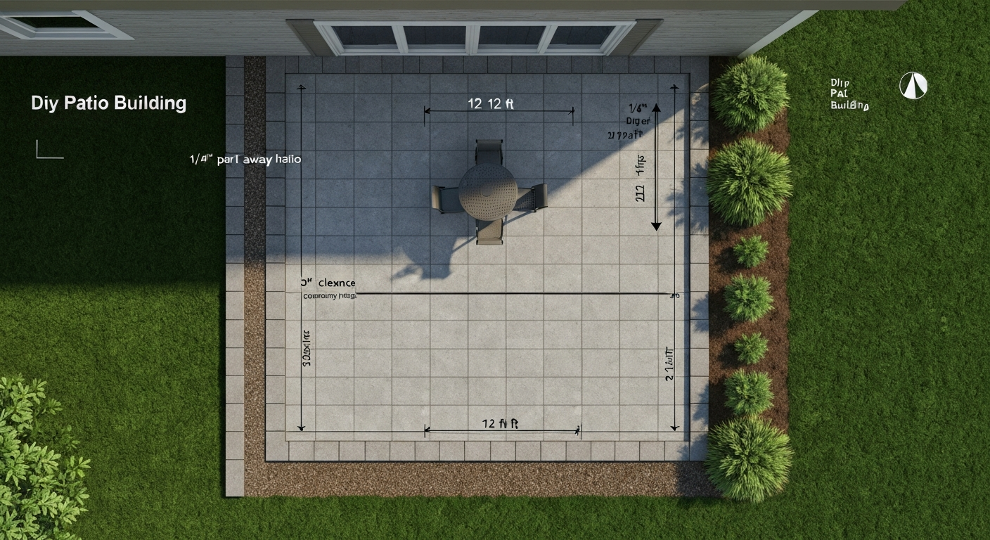 Top-down rendering of a square patio beside a house showing dimensions and slope arrows