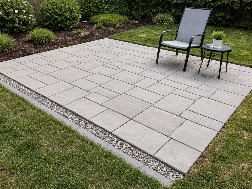 Finished DIY garden patio with pavers, clean edges, and a visible drainage line ready for outdoor furniture.
