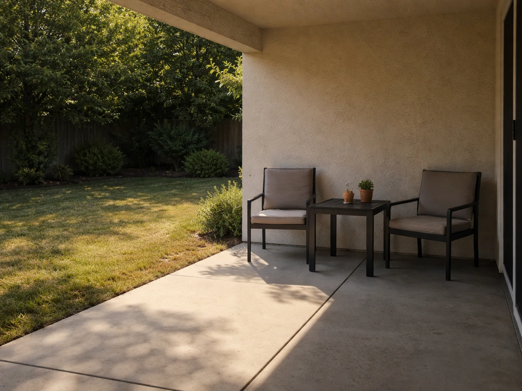 Afternoon sun and shadows on a quiet backyard patio, showing where shade and warmth fall.
