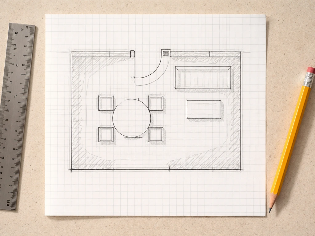 Top-down view of a pencil sketch on graph paper showing patio footprint, door swing arc, and clearance.