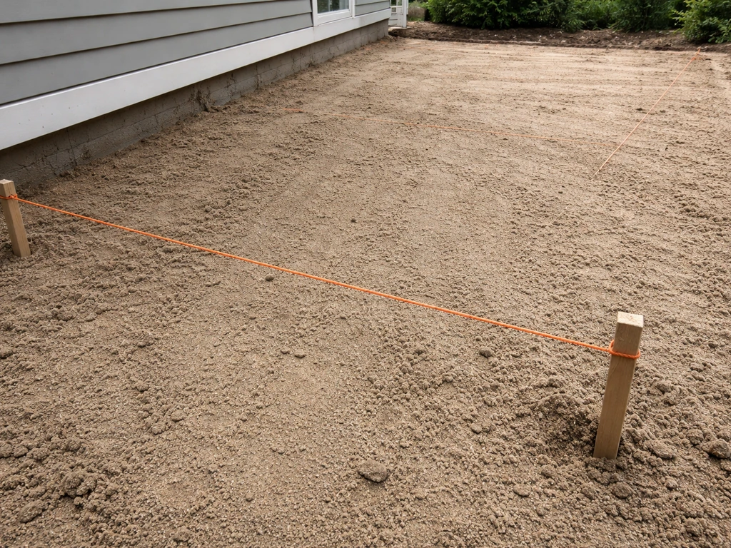 Close-up of a graded garden patio base with a level/string line marking slope away from the house.
