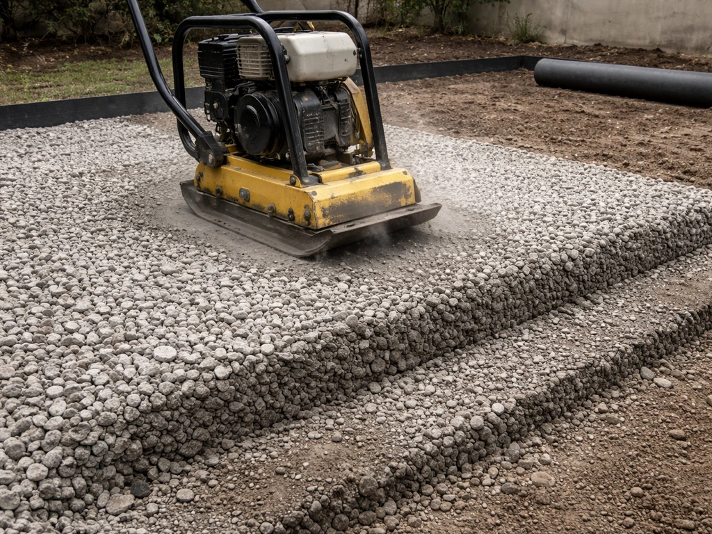 Vibrating plate compactor tamping a layered gravel base beside neatly laid edging in daylight