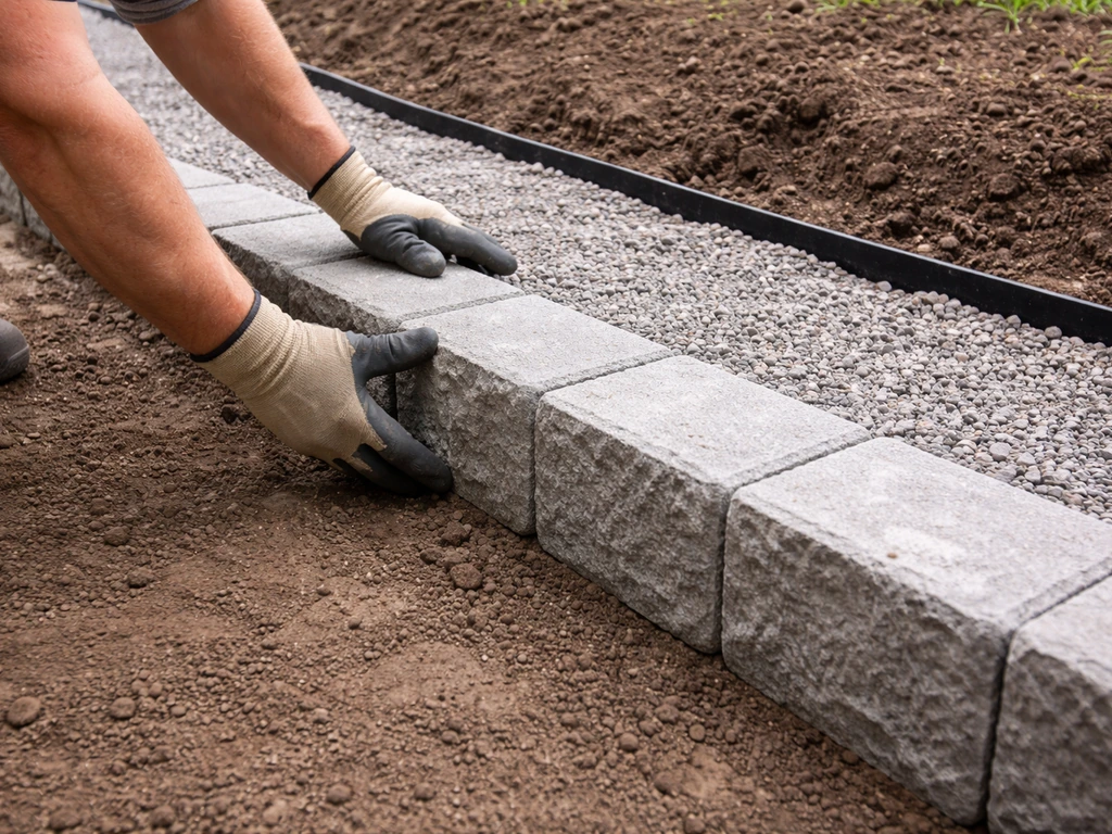 Landscapers installing straight retaining edge blocks along a raised patio base on a slope.