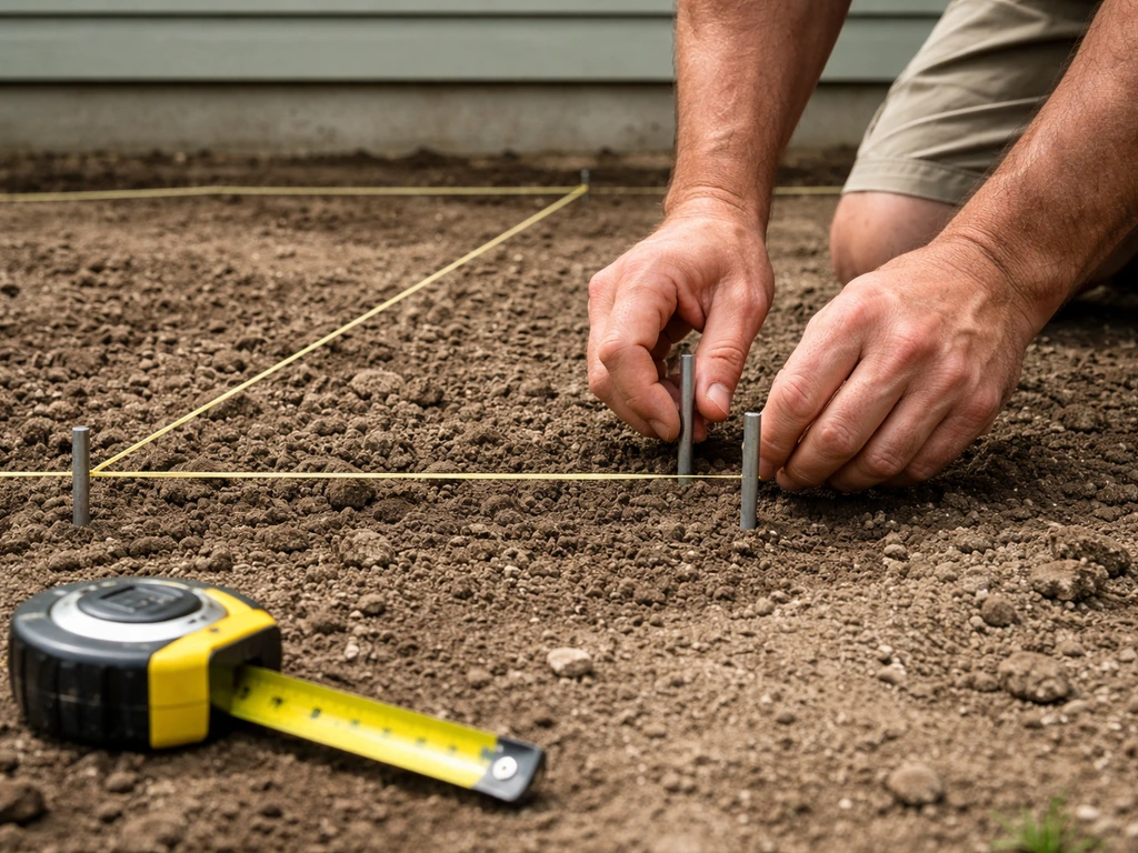 Hands placing stakes and string to mark a measured patio footprint near a house foundation