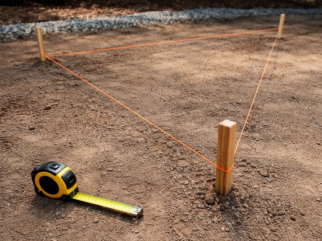 DIY homeowner places corner stakes and stretches string lines to measure a rectangular patio