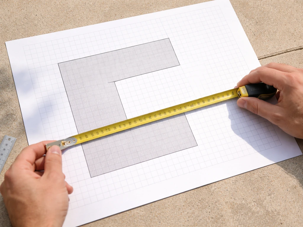 Hands measuring an L-shaped patio layout on graph paper split into two rectangles.