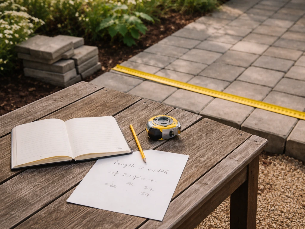 Notebook and tape measure on a patio table with a few pavers, showing a simple area calculation example.