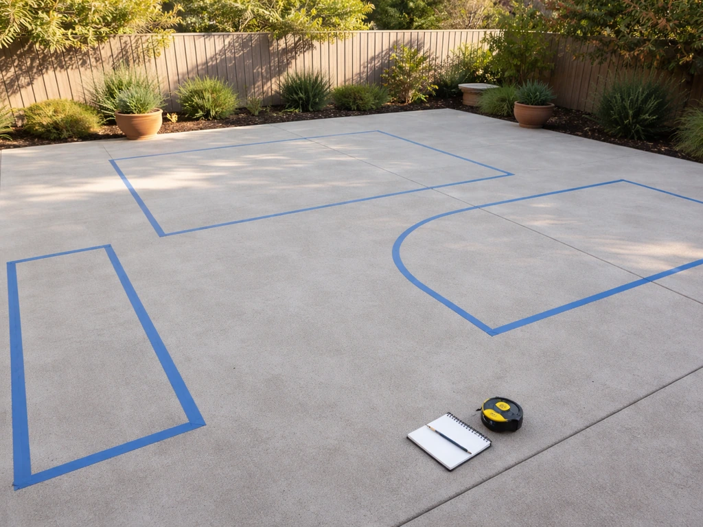Minimal backyard patio with painter’s tape marking dining, lounge, and grill zones for planning.