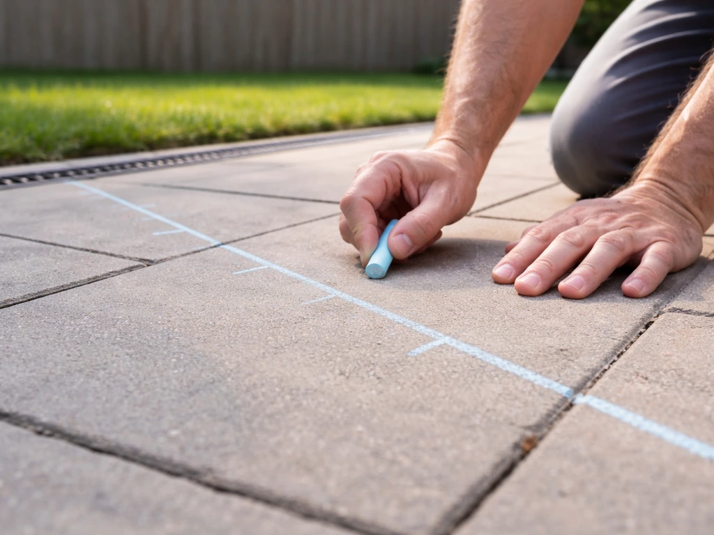 Minimal patio corner with a chalk-marked slope line directing water toward a drain.