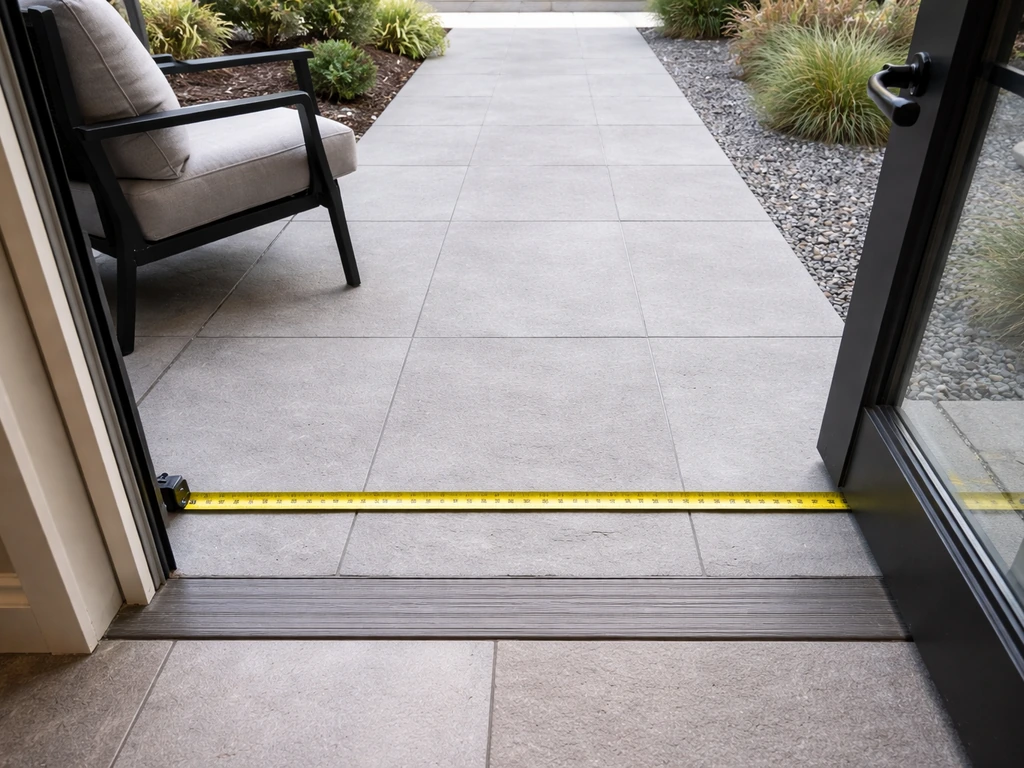 Close-up of measuring tape along a patio doorway path, showing clear walkway width near furniture.