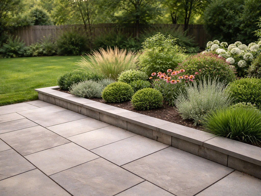 Small patio with a neatly planned planting bed along the perimeter and leafy plants softening the hardscape