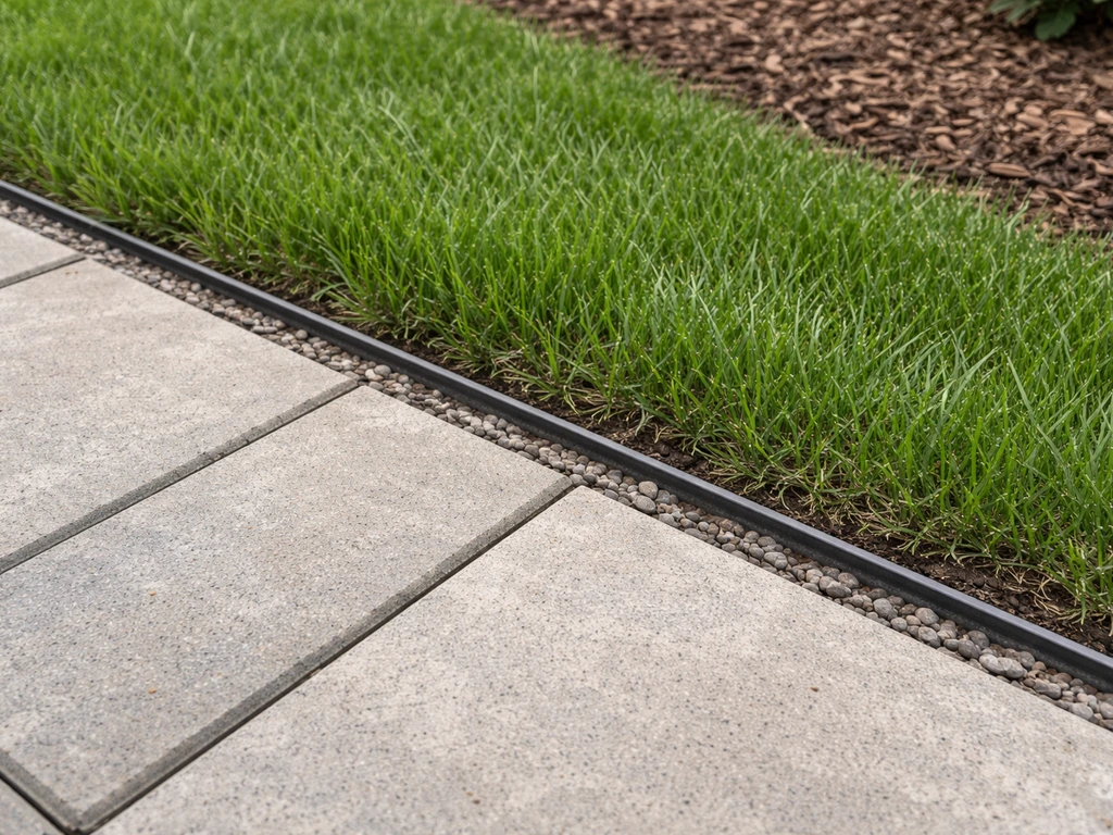 Close-up of paver edging separating patio from grass and mulch bed to prevent infiltration.