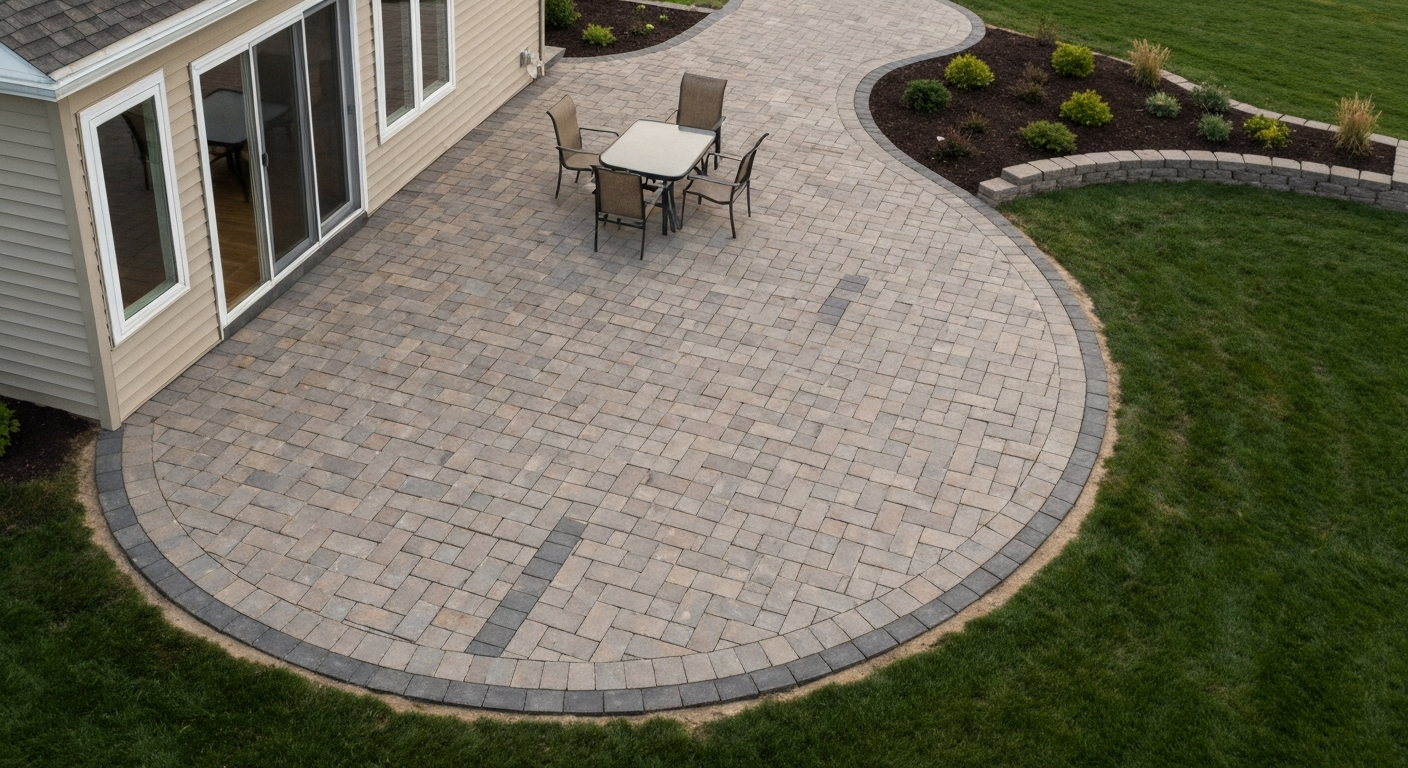 Finished semicircular paver patio attached to a house, viewed at an angle showing the curved edge, dining set, and surrounding lawn.
