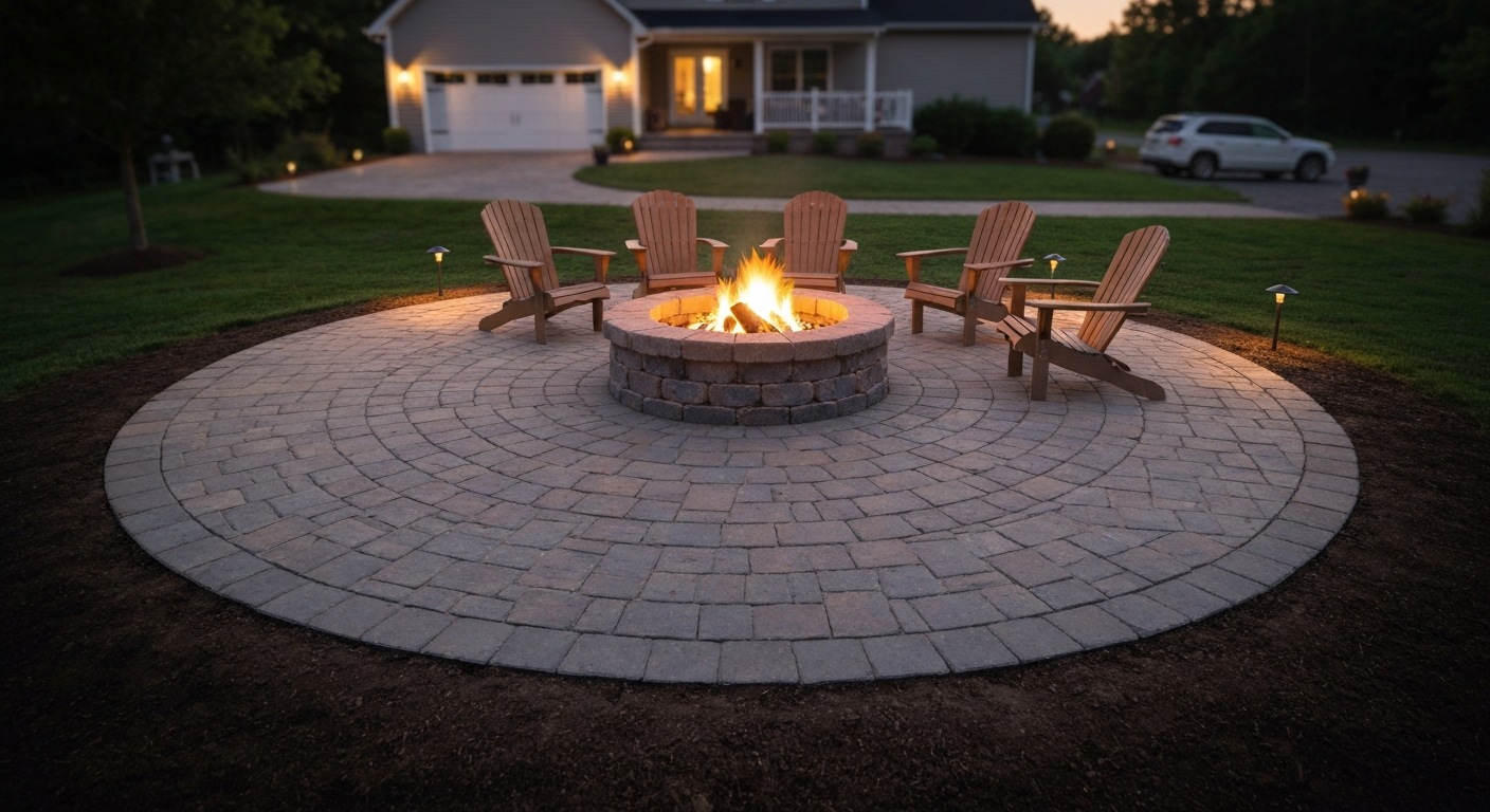 Completed round patio at dusk with a lit masonry fire pit and seating for six.
