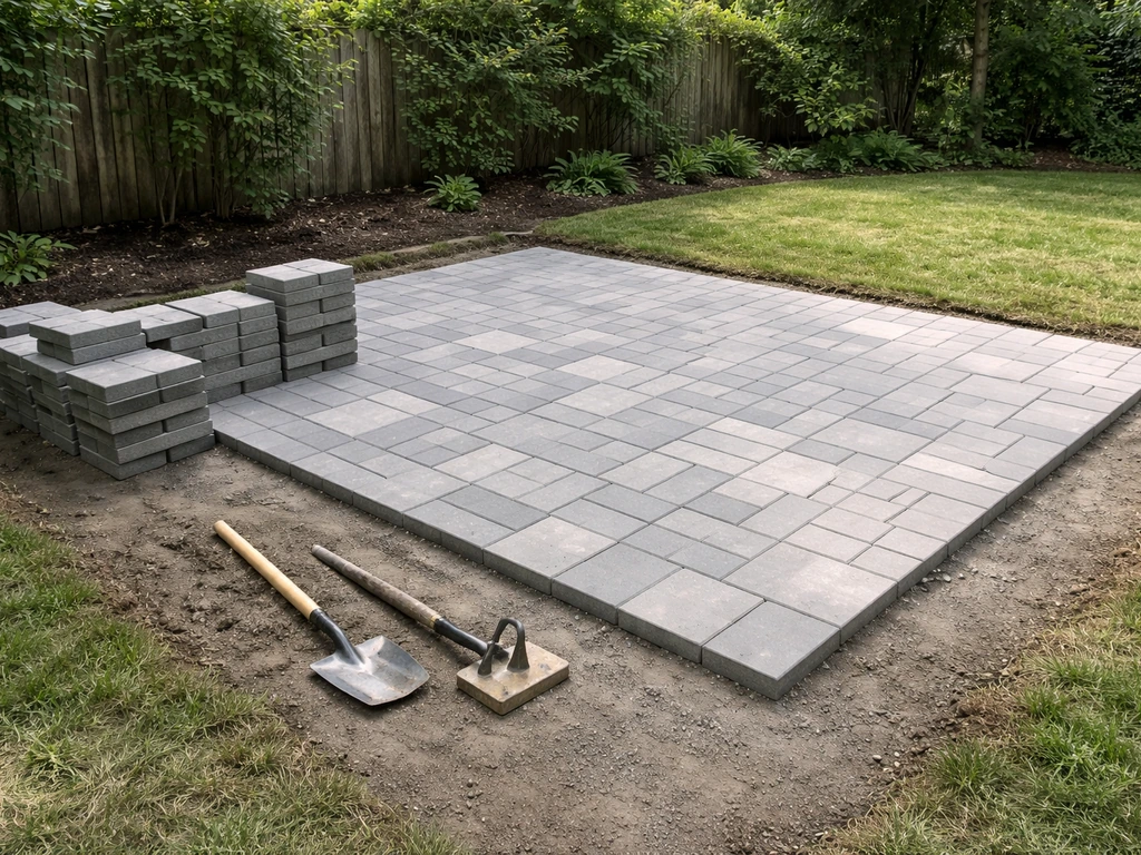 Partially finished backyard patio with stacked pavers and stone/concrete surface during DIY build
