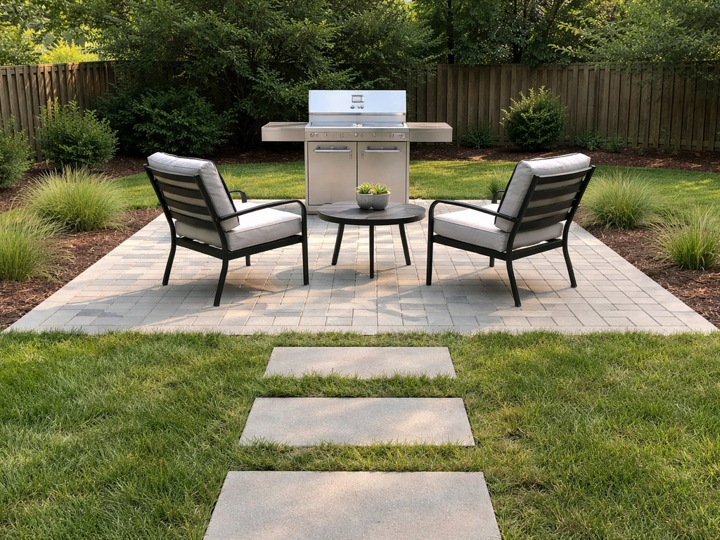 Minimal backyard patio scene with pavers, a small grill zone, and two outdoor chairs