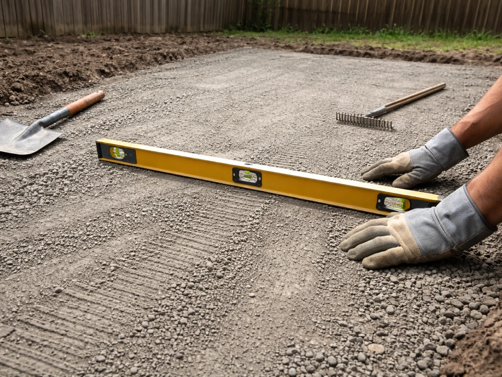 Anonymous worker hands adjust a sloped gravel base for patio drainage using a level tool.