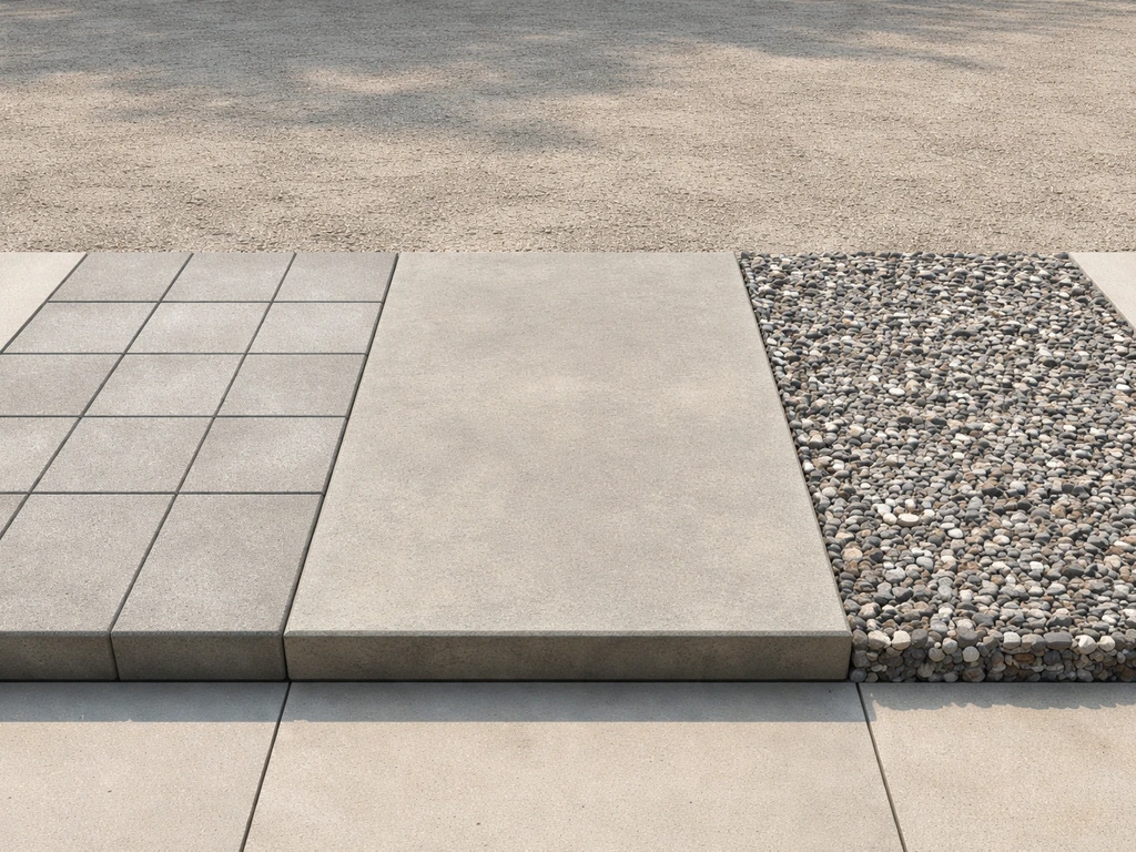 Three adjacent patio surface samples: concrete pavers, a stamped concrete slab, and gravel/stone aggregate.