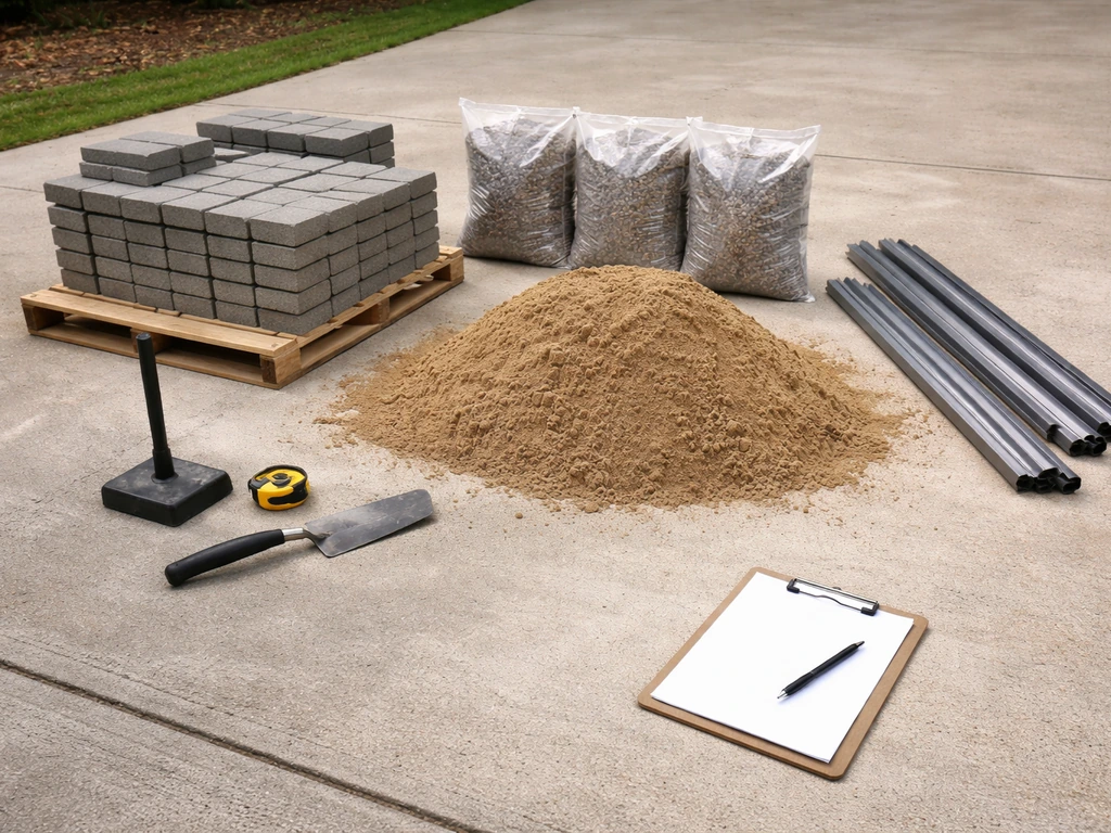 DIY patio materials laid out on a driveway with tools and a simple checklist-style grouping