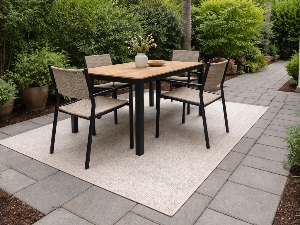 Outdoor patio with a dining table and visible clear walkway spacing for circulation between zones.
