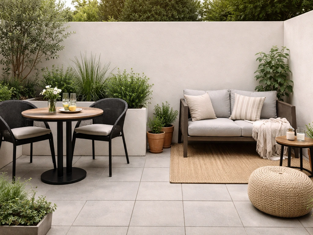 Small patio with distinct dining and lounge zones, open center walkway, potted plants, natural light.