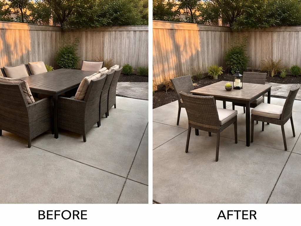 Split view of two small patios: one cramped with oversized dining set, one airy with right-sized seating.