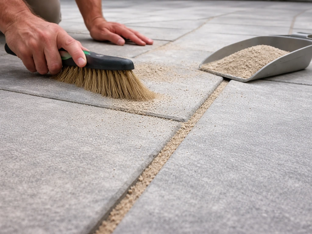 Close-up of polymeric sand being swept into joints between large-format patio pavers with a hand broom.