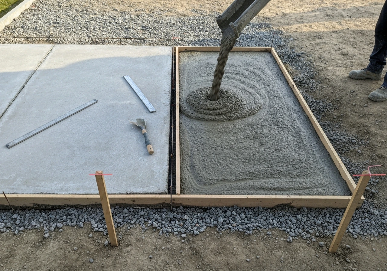 Contractor pours fresh concrete slab beside existing patio with an isolation joint line, minimal construction scene.