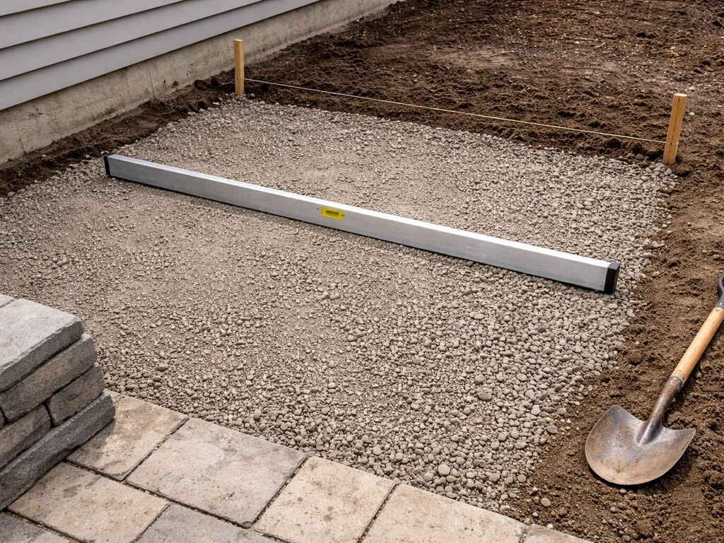 Backyard patio base graded for drainage with straightedge showing slope away from the house