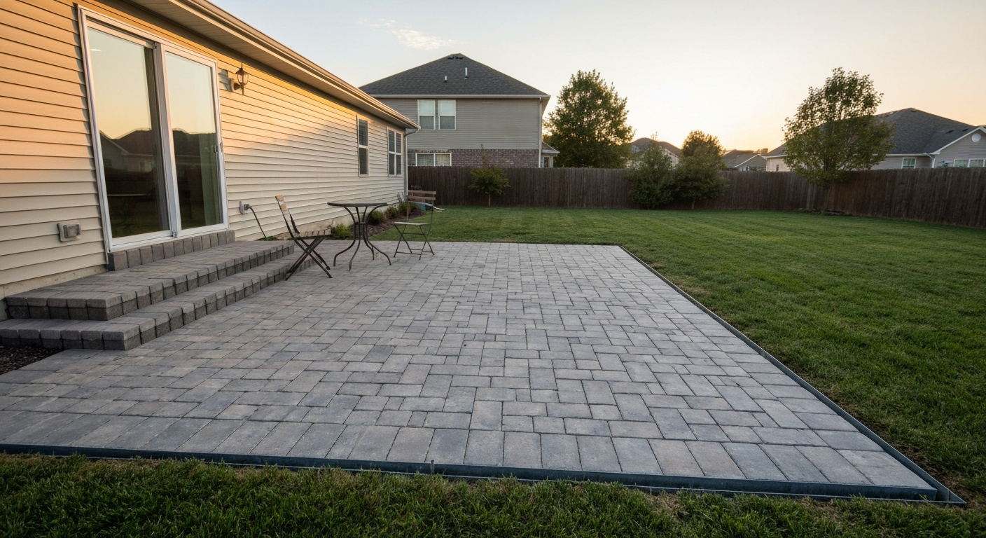 Finished 12x12 interlocking paver patio with bistro table and chairs in a backyard, late-afternoon light.
