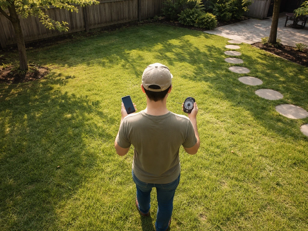 Homeowner overhead walking a yard while using a smartphone and compass to assess sun and wind.