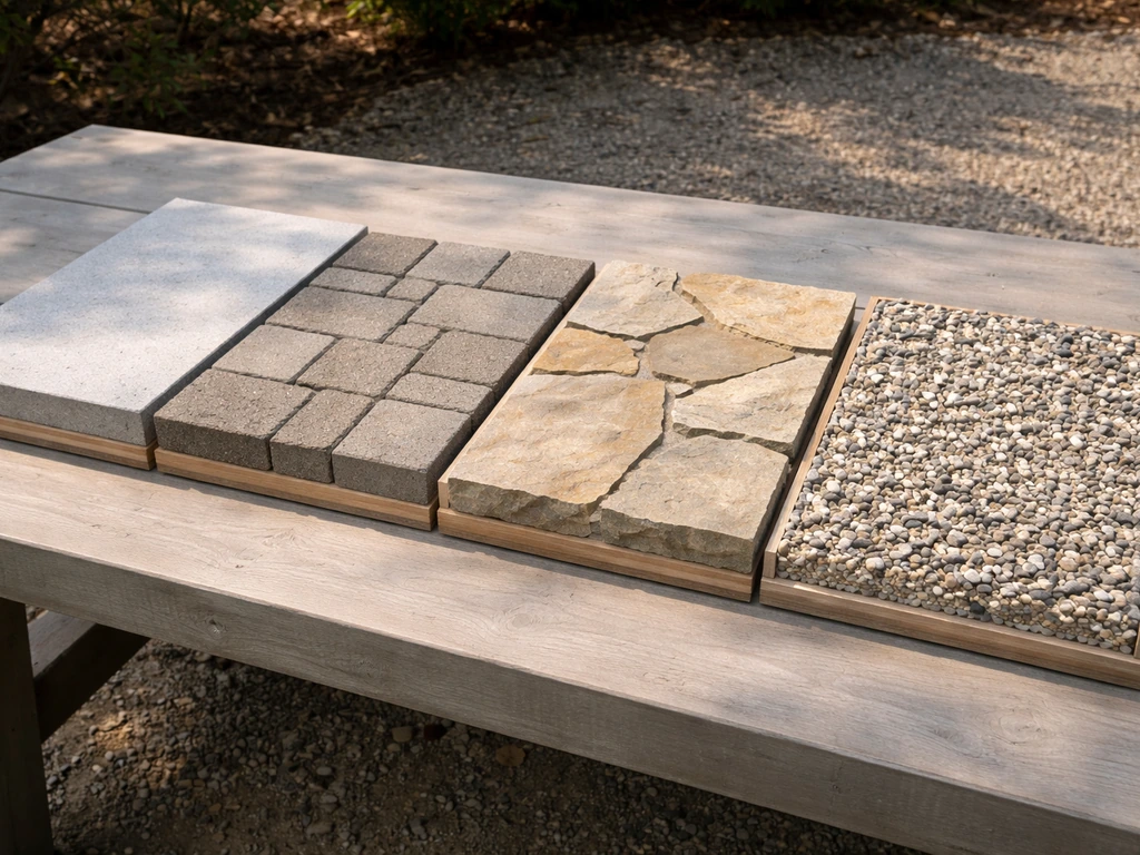 Close-up of four patio material samples side-by-side: pavers, concrete, gravel, and flagstone.