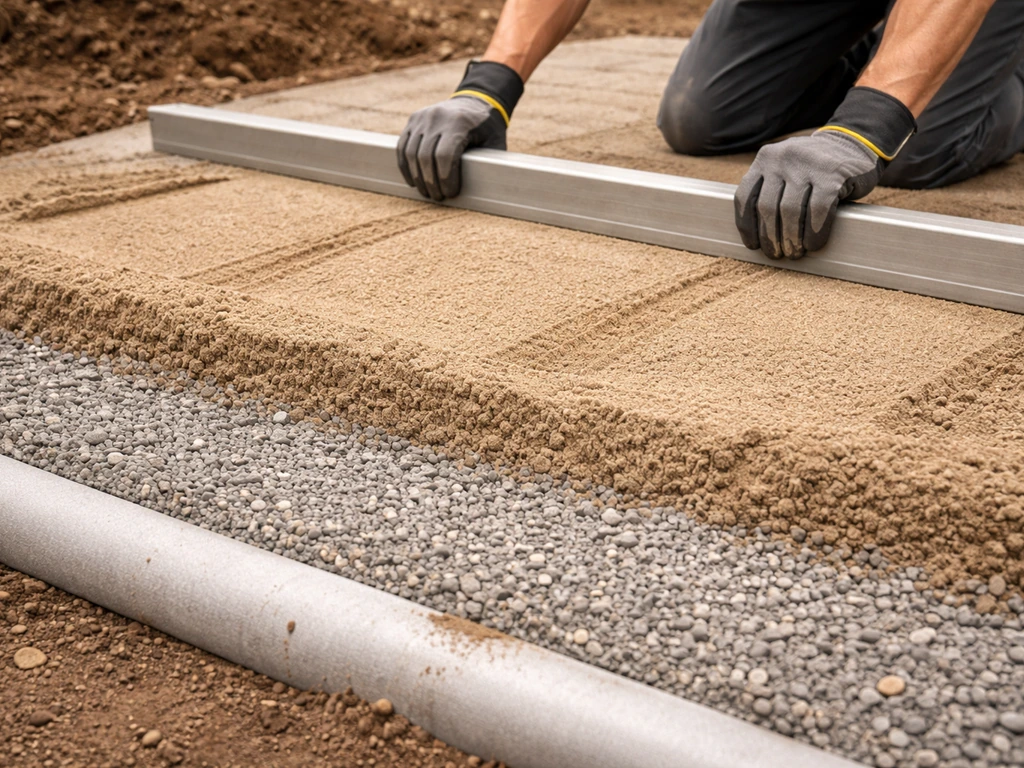 Close-up of a patio base under construction with geotextile, compacted gravel, and leveling sand