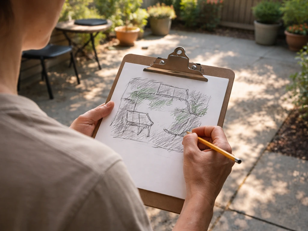 Person on a patio sketches sun and shade notes on a clipboard, morning light across a simple outdoor space.